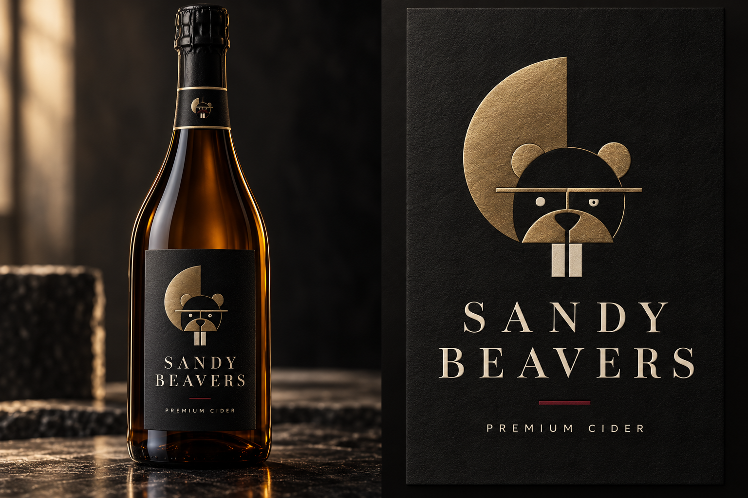 Sandy Beavers premium cider bottle and its abstract black and brass label